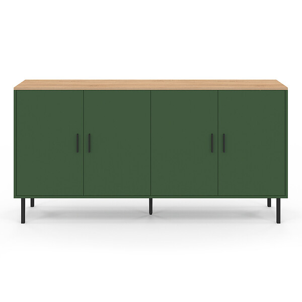 ID MARKET - Buffet 160 cm KELIA 4 portes vert kaki et plateau bois - large