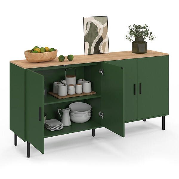 ID MARKET - Buffet 160 cm KELIA 4 portes vert kaki et plateau bois - large