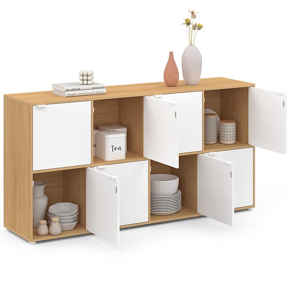 ID MARKET - Buffet casier 139 cm CASSIE 8 portes blanc et bois - large