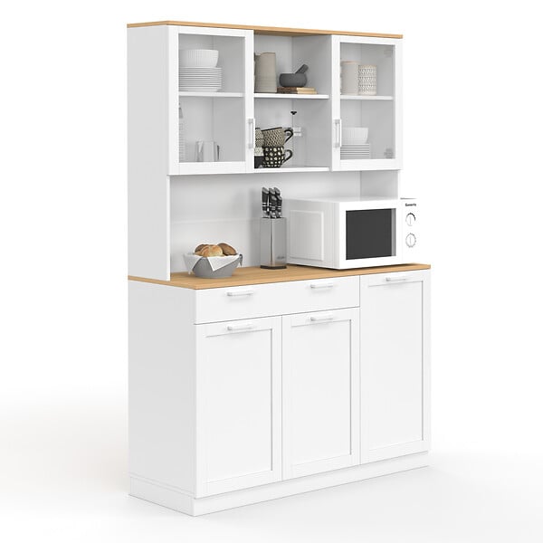 ID MARKET - Buffet de cuisine vitré 120 cm VITO 5 portes + 1 tiroir blanc et plateau façon hêtre - large