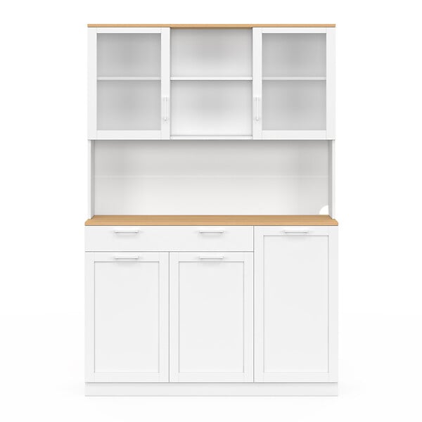 ID MARKET - Buffet de cuisine vitré 120 cm VITO 5 portes + 1 tiroir blanc et plateau façon hêtre - large