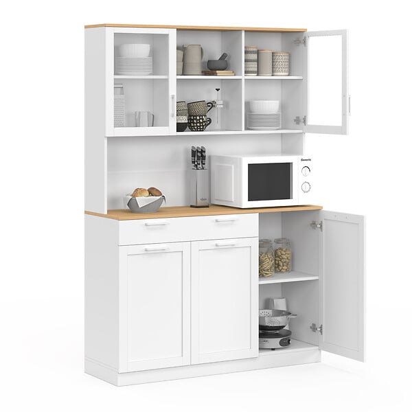 ID MARKET - Buffet de cuisine vitré 120 cm VITO 5 portes + 1 tiroir blanc et plateau façon hêtre - large