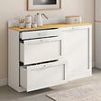 ID MARKET - Buffet bas de cuisine 120 cm casserolier VITO plan de travail H.83 cm 1 porte + 3 tiroirs blanc et plateau façon hêtre - vignette