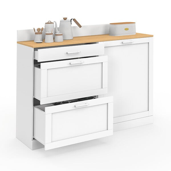 ID MARKET - Buffet bas de cuisine 120 cm casserolier VITO plan de travail H.83 cm 1 porte + 3 tiroirs blanc et plateau façon hêtre - large