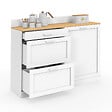 ID MARKET - Buffet bas de cuisine 120 cm casserolier VITO plan de travail H.83 cm 1 porte + 3 tiroirs blanc et plateau façon hêtre - vignette