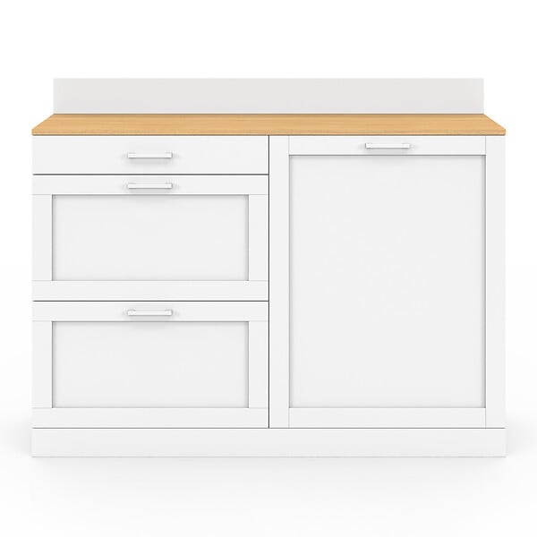 ID MARKET - Buffet bas de cuisine 120 cm casserolier VITO plan de travail H.83 cm 1 porte + 3 tiroirs blanc et plateau façon hêtre - large