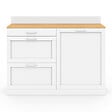 ID MARKET - Buffet bas de cuisine 120 cm casserolier VITO plan de travail H.83 cm 1 porte + 3 tiroirs blanc et plateau façon hêtre - vignette