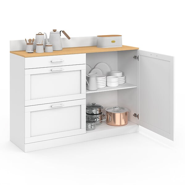 ID MARKET - Buffet bas de cuisine 120 cm casserolier VITO plan de travail H.83 cm 1 porte + 3 tiroirs blanc et plateau façon hêtre - large