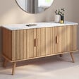 ID MARKET - Buffet 110 cm JULIETTE plateau effet marbre 3 portes lattes tasseau bois coloris chêne - vignette