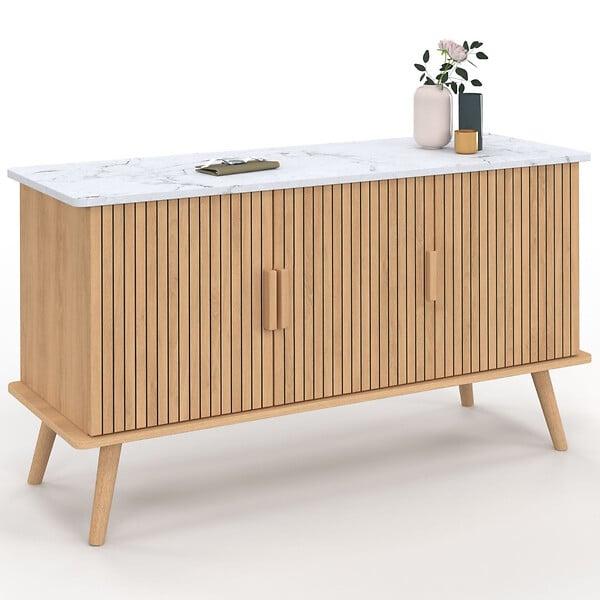 ID MARKET - Buffet 110 cm JULIETTE plateau effet marbre 3 portes lattes tasseau bois coloris chêne - large