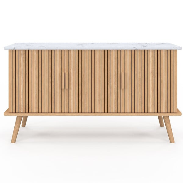 ID MARKET - Buffet 110 cm JULIETTE plateau effet marbre 3 portes lattes tasseau bois coloris chêne - large