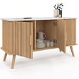 ID MARKET - Buffet 110 cm JULIETTE plateau effet marbre 3 portes lattes tasseau bois coloris chêne - vignette