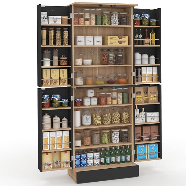 ID MARKET - Buffet haut armoire de cuisine H.160 cm ALTO 4 portes avec rangements façon hêtre et noir - large
