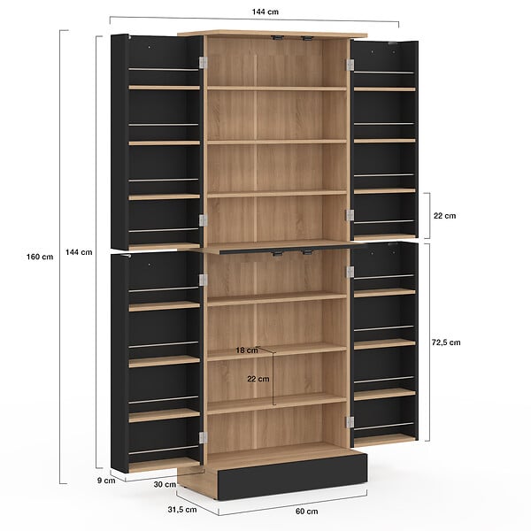 ID MARKET - Buffet haut armoire de cuisine H.160 cm ALTO 4 portes avec rangements façon hêtre et noir - large
