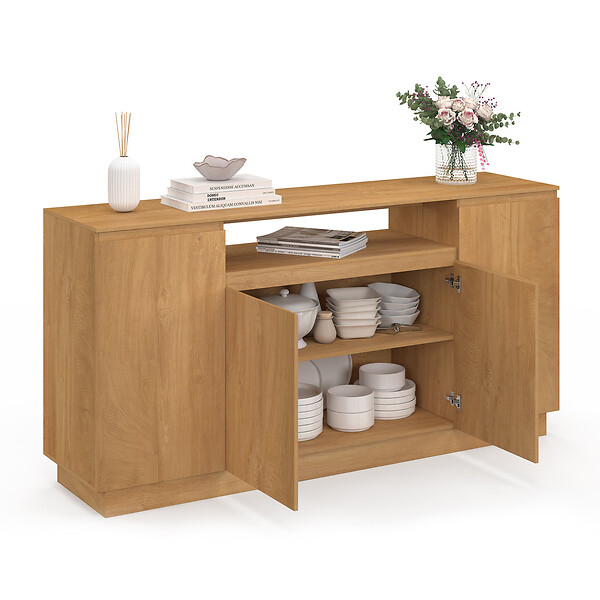 ID MARKET - Buffet 160 cm SERENA 4 portes avec niche centrale effet bois - large