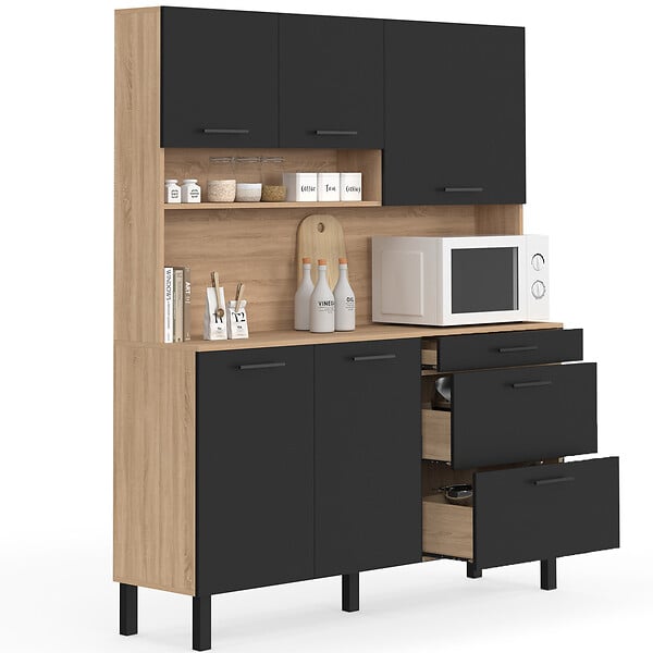 ID MARKET - Buffet casserolier de cuisine 140 cm CINA 5 portes + 3 tiroirs façon hêtre et noir - large