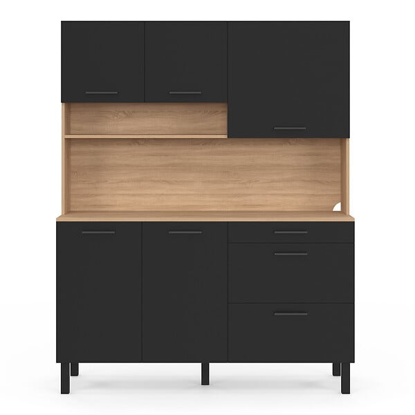 ID MARKET - Buffet casserolier de cuisine 140 cm CINA 5 portes + 3 tiroirs façon hêtre et noir - large