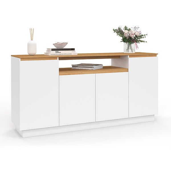 ID MARKET - Buffet 160 cm SERENA 4 portes avec niche centrale blanc et plateau effet bois - large