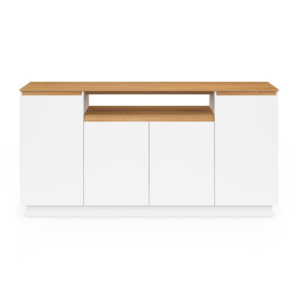 ID MARKET - Buffet 160 cm SERENA 4 portes avec niche centrale blanc et plateau effet bois - large