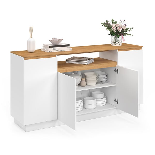 ID MARKET - Buffet 160 cm SERENA 4 portes avec niche centrale blanc et plateau effet bois - large