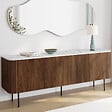 ID MARKET - Buffet bas 160 cm MARLA 4 portes effet noyer et lattes et plateau marbre blanc ALASKA - vignette