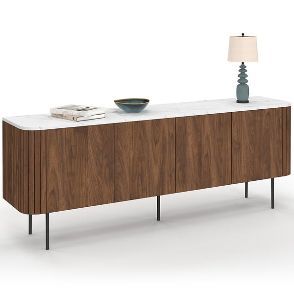 ID MARKET - Buffet bas 160 cm MARLA 4 portes effet noyer et lattes et plateau marbre blanc ALASKA - large