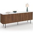 ID MARKET - Buffet bas 160 cm MARLA 4 portes effet noyer et lattes et plateau marbre blanc ALASKA - vignette