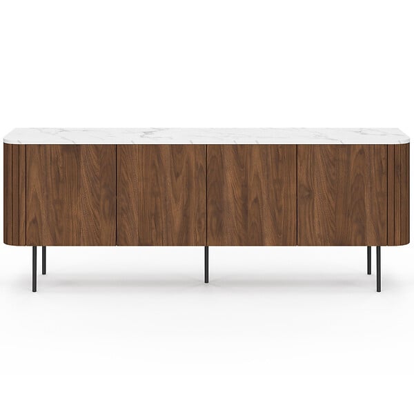 ID MARKET - Buffet bas 160 cm MARLA 4 portes effet noyer et lattes et plateau marbre blanc ALASKA - large