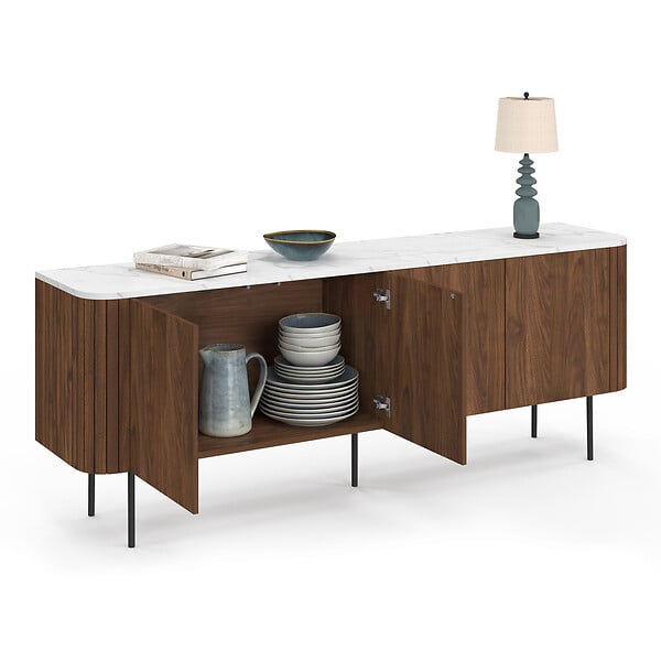 ID MARKET - Buffet bas 160 cm MARLA 4 portes effet noyer et lattes et plateau marbre blanc ALASKA - large