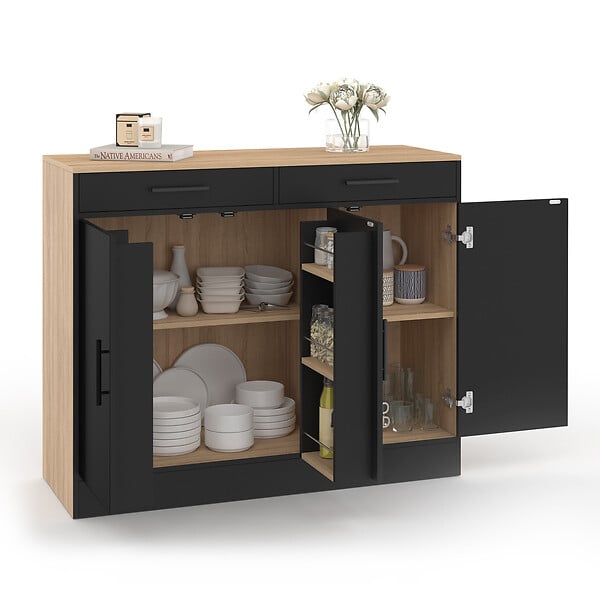 ID MARKET - Buffet bas de cuisine 110 cm ALTO avec rangements façon hêtre et noir - large
