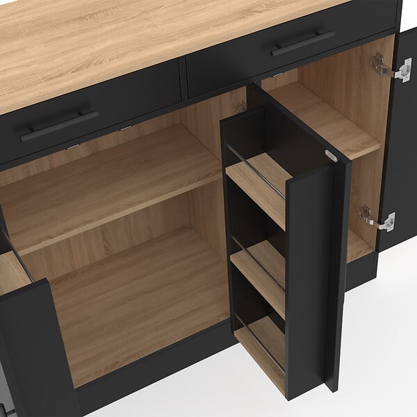 ID MARKET - Buffet bas de cuisine 110 cm ALTO avec rangements façon hêtre et noir - large