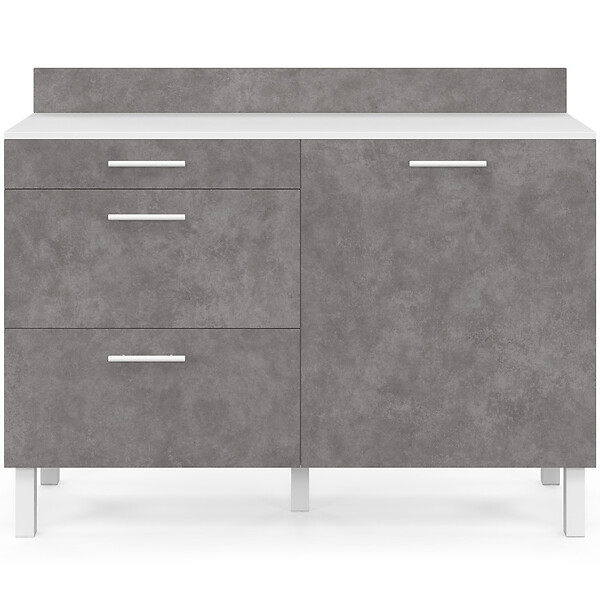 ID MARKET - Buffet bas casserolier de cuisine 120 cm CINA plan de travail H.83 cm 1 porte + 3 tiroirs blanc et effet béton - large
