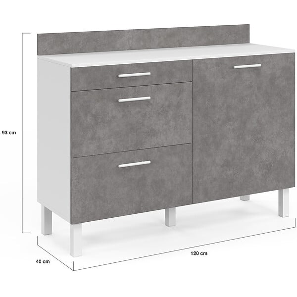 ID MARKET - Buffet bas casserolier de cuisine 120 cm CINA plan de travail H.83 cm 1 porte + 3 tiroirs blanc et effet béton - large