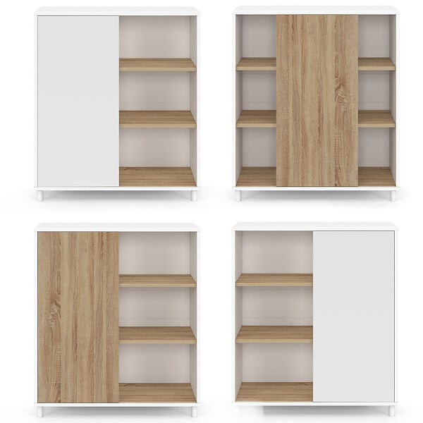 ID MARKET - Buffet d'appoint 70 cm EASY montage facile sans outils 3 étagères et 1 porte coulissante réversible blanc et bois - large