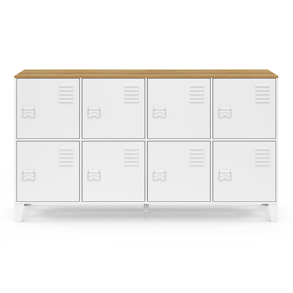 ID MARKET - Buffet casier 139 cm ESTER 8 portes en métal blanc plateau bois design industriel - large