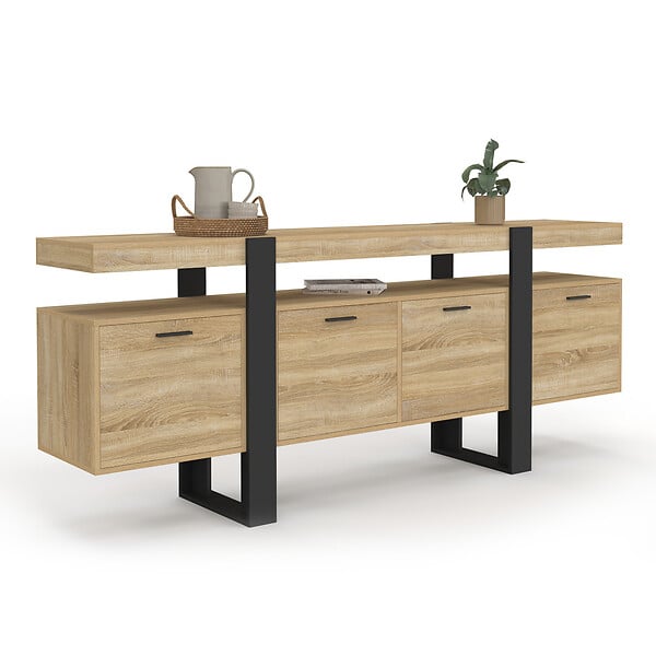 ID MARKET - Buffet enfilade 200 cm PHOENIX XXL 4 portes avec niche bois et noir - large