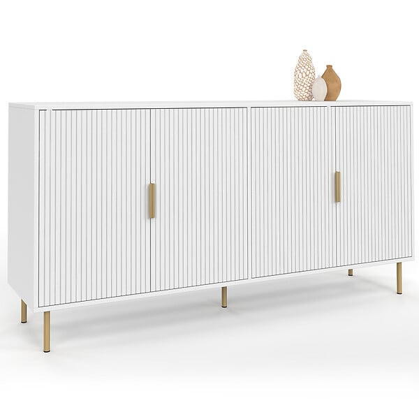 ID MARKET - Buffet 160 cm MARCEL 4 portes blanc effet lattes et finitions dorées - large