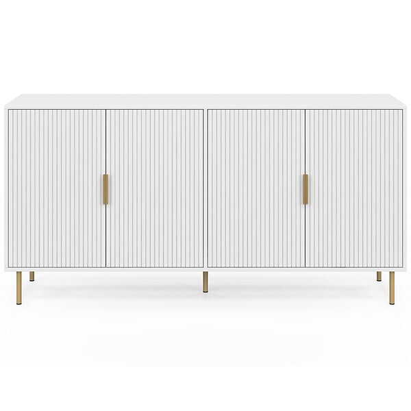ID MARKET - Buffet 160 cm MARCEL 4 portes blanc effet lattes et finitions dorées - large