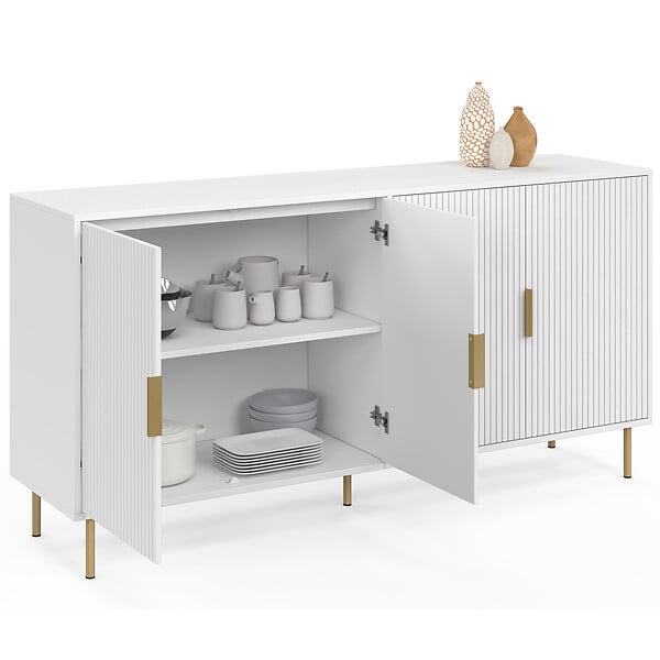 ID MARKET - Buffet 160 cm MARCEL 4 portes blanc effet lattes et finitions dorées - large
