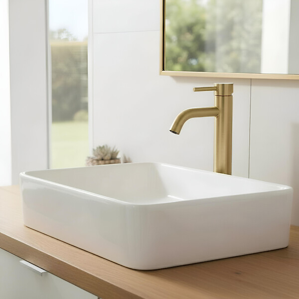 PLANETE BAIN - Mitigeur lavabo haut inox brossé doré avec bonde H 29.3 cm - Alois - large
