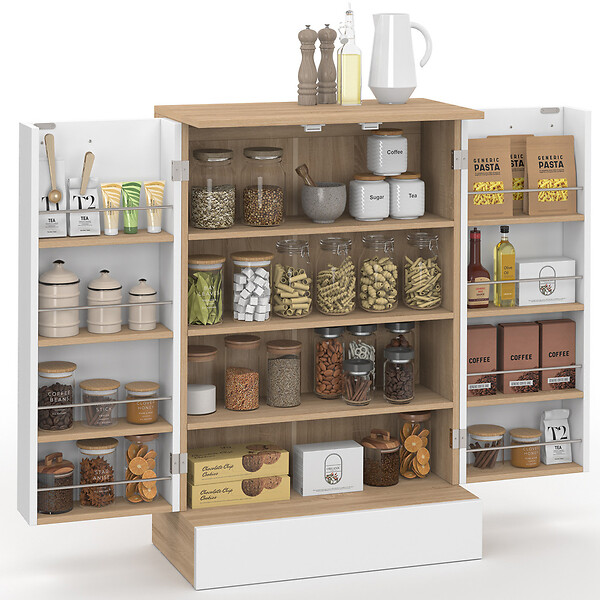 ID MARKET - Buffet bas de cuisine ALTO H.90 cm avec rangements blanc et bois - large
