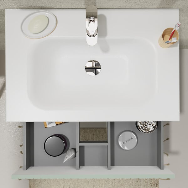 GODART - Meuble salle de bain strié 70 cm - Plan vasque Solid surface - Vert mat - A suspendre - Karaib 2 - large