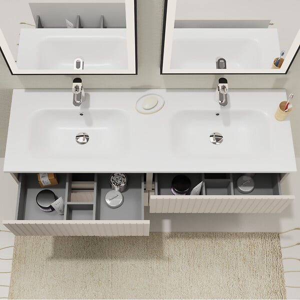 GODART - Meuble salle de bain strié 140 cm - Double vasque Solid surface - Beige cachemire mat - A suspendre - Karaib 2 - large