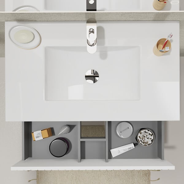 GODART - Meuble salle de bain strié 80 cm - Plan vasque céramique - Blanc mat - A suspendre - Karaib 2 - large