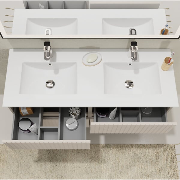 GODART - Meuble salle de bain strié 120 cm - Double vasque céramique - Beige cachemire mat - A suspendre - Karaib 2 - large