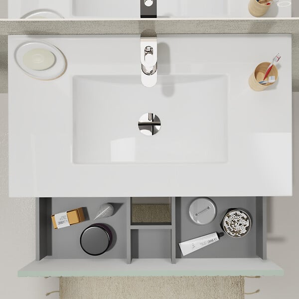 GODART - Meuble salle de bain strié 80 cm - Plan vasque céramique - Vert mat - A suspendre - Karaib 2 - large