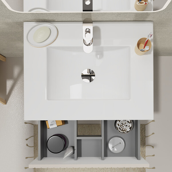 GODART - Meuble salle de bain strié 60 cm - Plan vasque céramique - Beige cachemire mat - A suspendre - Karaib 2 - large