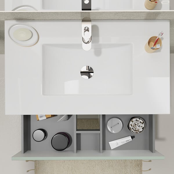 GODART - Meuble salle de bain 80 cm A poser - Plan vasque céramique - Vert mat - Karaib 2 - large
