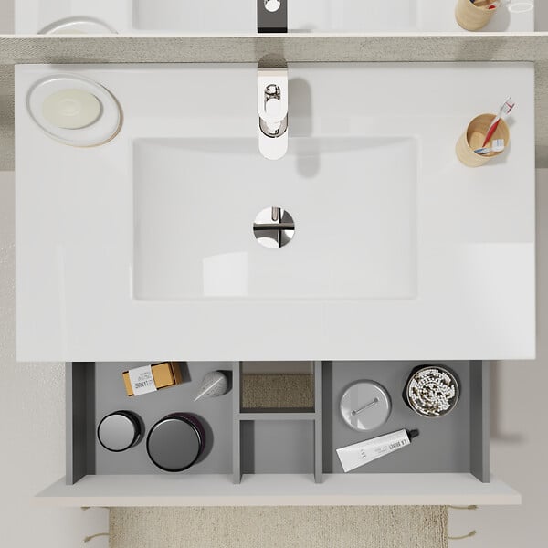 GODART - Meuble salle de bain 80 cm - Plan vasque céramique - Beige cachemire mat - A suspendre - Karaib 2 - large