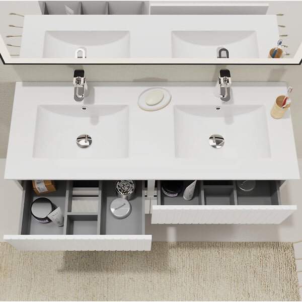 GODART - Meuble salle de bain strié 120 cm - Double vasque céramique - Blanc mat - A suspendre - Karaib 2 - large